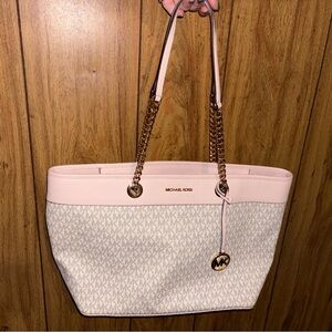SOLD - Michael Kors Pink & White MK Logo Chain-Strap Tote